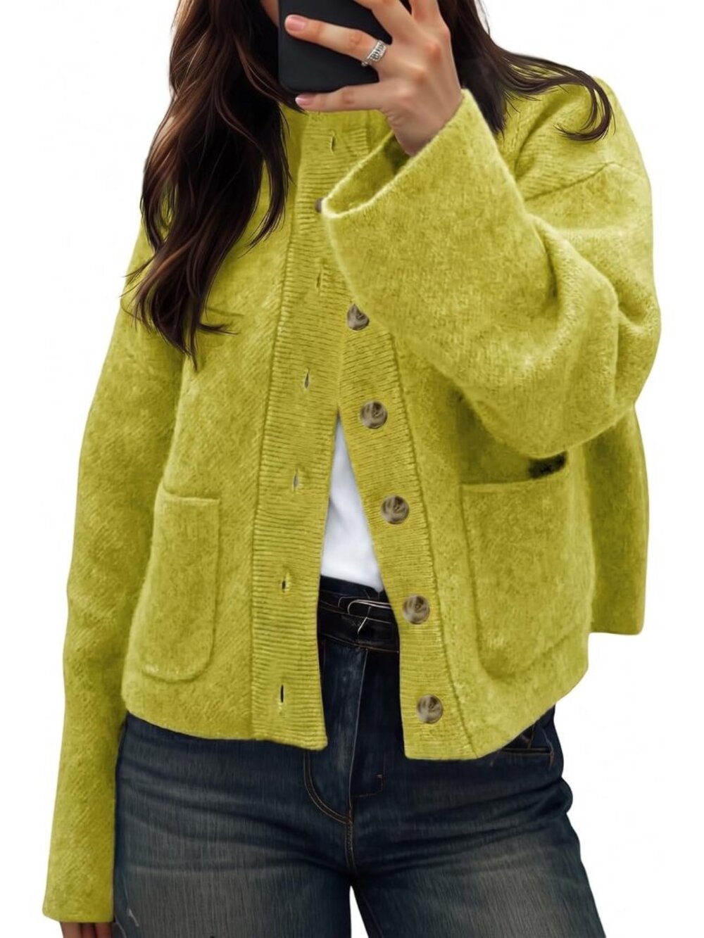 Women Fruit Green Mock Neck Chunky Knit Button Front Patch Pockets Cozy Jacket